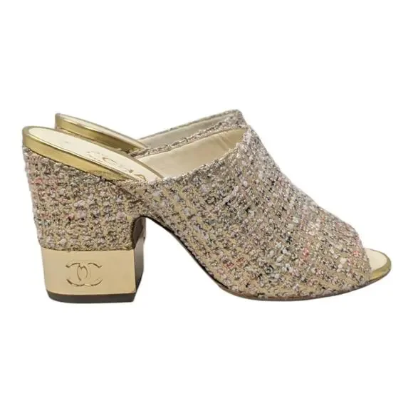 Chanel 2018 Mules Metallic Tweed Interlocking CC Logo Slide Neutral 37.5 - Picture 3 of 14
